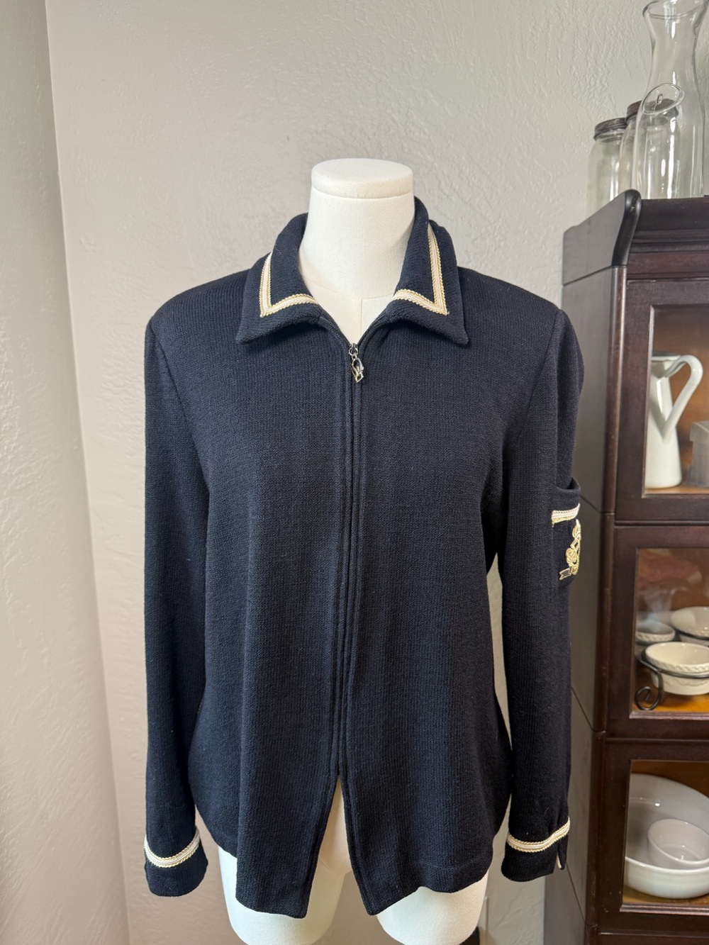 Vintage St. John Collection Marie Gray Black Zip Front Jacket Gold Trim Size 8